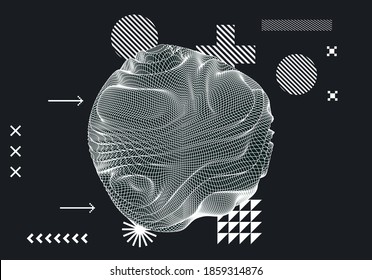 Glitched and distorted sphere, organic morphing 3d blob set. Concept of data visualization, graph of mathematical function, generative computer art.