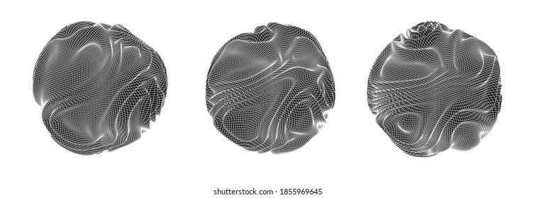 Glitched and distorted spheres, organic morphing 3d blob set. Concept of data visualization, graph of mathematical function, generative computer art.