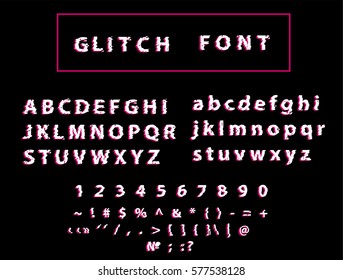 Glitched distorted typeface. Vector modern font with vintage analog TV effect.