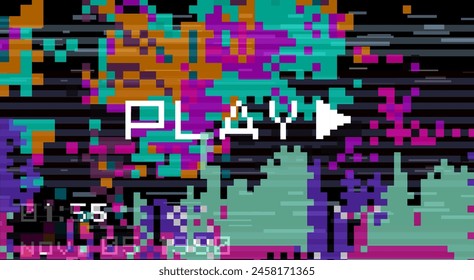 Glitched and distorted VHS screen with pixel noise.