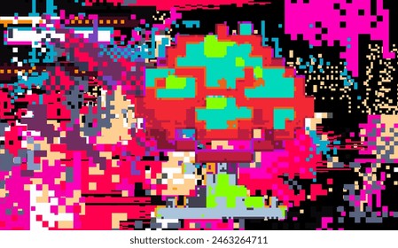 Glitched and distrorted grunge 8-bit texture in neon colors.