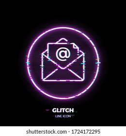 Glitched Email line art vector icon. Outline symbol of post envelope. Communication pictogram made of thin stroke. Isolated on background. 80s cyber punk style