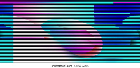 Glitched fluid shape. Vector illustration of an abstract glitch background. Cyberpunk concept. Colorful techno backdrop with aesthetics of vaporwave style of 80's.