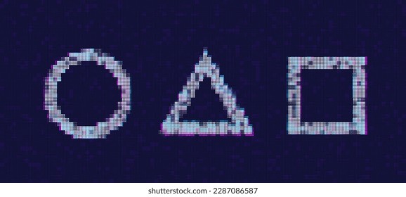 Glitched Frames Geometric Design - Circle, Square, Triangle. Distorted Pixels Style Halftone Background. Glitch Design for Graphic Design - Banner, Poster, Flyer, Brochure, Card. Vector Illustration.