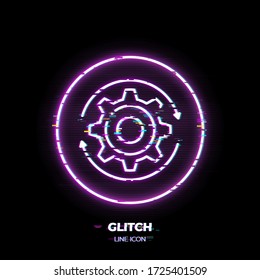 Glitched Gear line art vector icon. Outline symbol of cog wheel. Engineering pictogram made of thin stroke. Isolated on background. 80s cyber punk style