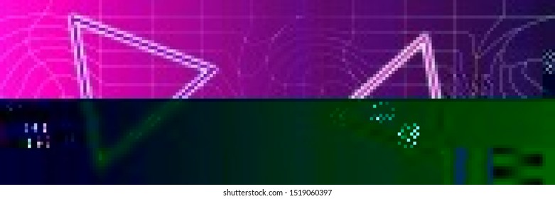 Glitched geometrical shapes. Vector illustration of an abstract glitch background. Cyberpunk concept. Colorful techno backdrop with aesthetics of vaporwave style of 80's.