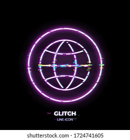 Glitched Globe line art vector icon. Outline symbol of world. Earth pictogram made of thin stroke. Isolated on background. 80s cyber punk style