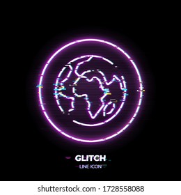 Glitched Globe line art vector icon. Outline symbol of world. Planet Earth pictogram made of thin stroke. Isolated on background. 80s cyber punk style