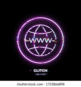 Glitched Globe with www on it line art vector icon. Outline symbol of internet. Network technology pictogram made of thin stroke. Isolated on background. 80s cyber punk style