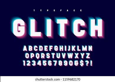 Glitched glowing display font design, alphabet, typeface, letters and numbers, typography. Swatches color control