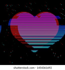 Glitched and glowing heart icon in a cyberpunk style, inspirated by aethtetic of 80's and old computer games graphics. Creative graphic design for poster,brochure,flyer and card. Synthwave stylization