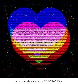 Glitched and glowing heart icon in a cyberpunk style, inspirated by aethtetic of 80's and old computer games graphics. Creative graphic design for poster,brochure,flyer and card. Synthwave stylization