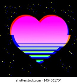 Glitched and glowing heart icon in a cyberpunk style, inspirated by aethtetic of 80's and old computer games graphics. Creative graphic design for poster,brochure,flyer and card. Synthwave stylization