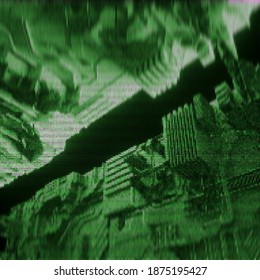 Glitzte grüne Oberfläche mit Scan-Linien. Vektorgrafik eines abstrakten, glitzernden Hintergrunds. Cyberpunk-Konzept. Farbige Techno-Kulisse mit Ästhetik im Vaporwave-Stil der 80er Jahre.