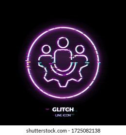 Glitched Group of people on gear line art vector icon. Outline symbol of teamwork. Cooperation pictogram made of thin stroke. Isolated on background. 80s cyber punk style