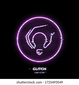 Glitched Hand take lightbulb line art vector icon. Outline symbol of idea. Inspiration pictogram made of thin stroke. Isolated on background. 80s cyber punk style
