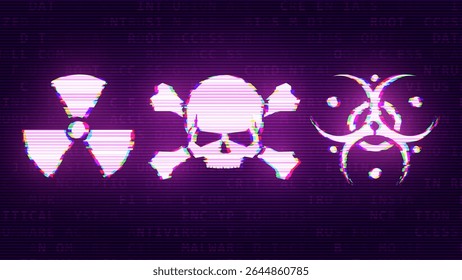 Glitched Hazard Warning Icons With Neon Cyberpunk Style On Dark Digital Background. Toxic, Radioactive, And Skull Danger Signs. Vector Illustration.