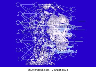 Glitched head silhouette in profile in pixel art style. Vector illustration devoted to the theme of machine learning and future technologies.