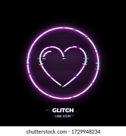 Glitched Heart line art vector icon. Outline symbol of love. Valentine pictogram made of thin stroke. Isolated on background. 80s cyber punk style