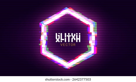 Glitched Hexagon Frame Design. Distorted Glitch Tech Cyberpunk Y2K Style Modern Background. Game Shape Glow Graphic Design for Digital Banner, Poster, Flyer. Vector Illustration.