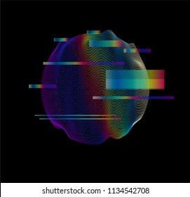 Glitched holographic 3D sphere on dark background. Webpunk or virtual reality illustration concept. Vaporwave/ synthwave style, 80s-90s aesthetic.