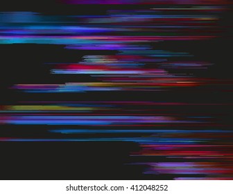 Glitched horizontal stripes. Colorful night lights. Digital signal error. Abstract background for a poster, cover, business card or postcard. Element of design.