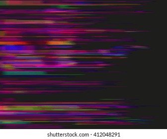 Glitched horizontal stripes. Colorful night lights. Digital signal error. Abstract background for a poster, cover, business card or postcard. Element of design.