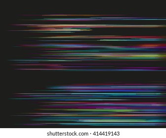 Glitched horizontal stripes. Colorful night lights. Digital signal error. Abstract background for a poster, cover, business card or postcard. Element of design.