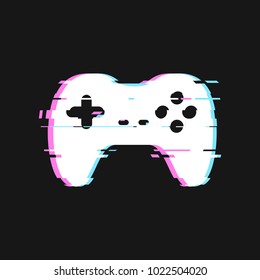 Glitched icon of gamepad vector illustration. Isolated joystick with noise effects on dark background