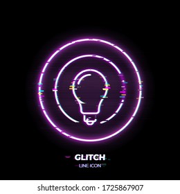 Glitched Lightbulb line art vector icon. Outline symbol of lamp. Creative idea pictogram made of thin stroke. Isolated on background. 80s cyber punk style