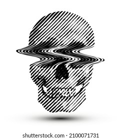 Glitched line halftone skull from 3D rendering. Black and white vector illustration