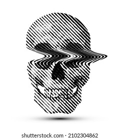 Glitched line halftone skull from 3D rendering. Black and white vector illustration