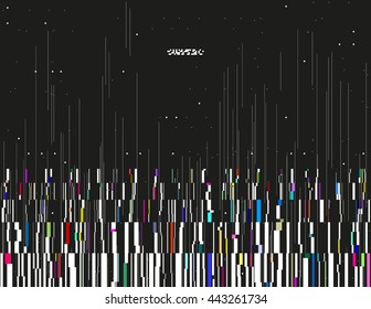 Glitched lines and colorful rectangular shapes. Bunch of collapsing data. Signal error in the dark digital space. Abstract background illustration. Element of design for poster, invitation or web.