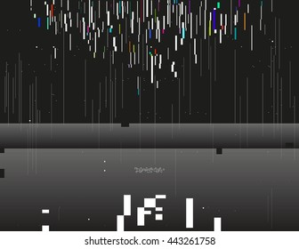 Glitched lines and colorful rectangular shapes. Bunch of collapsing data. Signal error in the dark digital space. Abstract background illustration. Element of design for poster, invitation or web.
