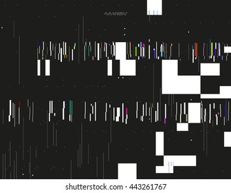 Glitched lines and colorful rectangular shapes. Bunch of collapsing data. Signal error in the dark digital space. Abstract background illustration. Element of design for poster, invitation or web.