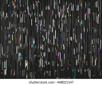 Glitched lines and colorful rectangular shapes. Bunch of collapsing data. Signal error in the dark digital space. Abstract background illustration. Element of design for poster, invitation or web.