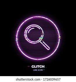 Glitched Magnifying glass line art vector icon. Outline symbol of internet search. Find pictogram made of thin stroke. Isolated on background. 80s cyber punk style