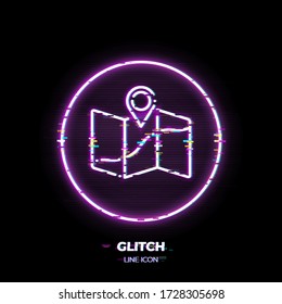 Glitched Map with location pin line art vector icon. Outline symbol of travel route. Navigation pictogram made of thin stroke. Isolated on background. 80s cyber punk style