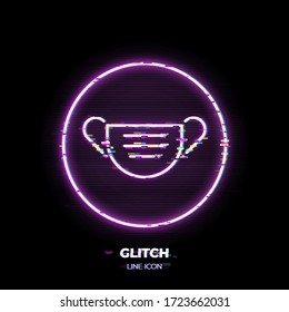 Glitched Medical mask line art vector icon. Outline symbol of virus protection equipment. Health care pictogram made of thin stroke. Isolated on background. 80s cyber punk style