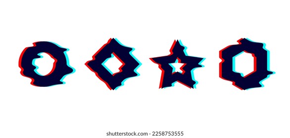 Glitched melted geometric shapes set. Distorted ring, square, star, hexagon with drip effect. Futuristic destroyed design elements collection. Text boxes. 