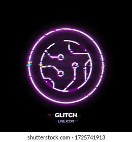 Glitched Motherboard line art vector icon. Outline symbol of microchip technology. Computer board pictogram made of thin stroke. Isolated on background. 80s cyber punk style