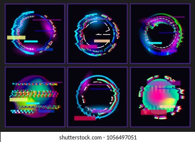 Glitched  Oval's Frame Design set. Distorted Glitch Style Modern Background. Glow Design for Graphic Design - Banner, Poster, Flyer, Brochure, Card. Vector Illustration.