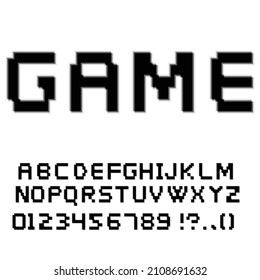 Glitched pixel retro fonts .Blurred video game letters and numbers . Vector alphabet .