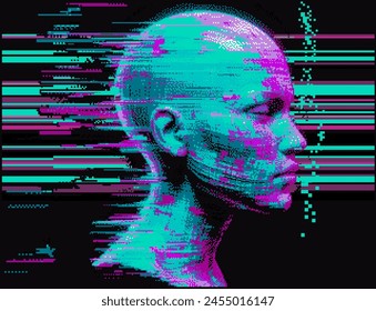 Glitched and pixelated silhouette of a 3D human head on a dark background. Conceptual vector illustration about man in the age of technology. 