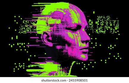 Glitched and pixelated silhouette of a 3D human head on a dark background. Conceptual vector illustration about man in the age of technology. 