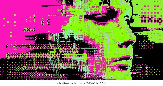 Glitched and pixelated silhouette of a 3D human head on a dark background. Conceptual vector illustration about man in the age of technology. 