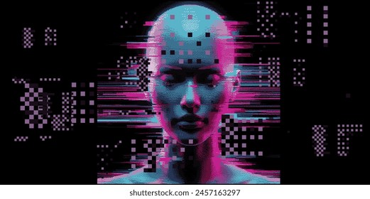 Glitched and pixelated silhouette of a 3D human head on a dark background. Conceptual vector illustration about human in the age of technology. 