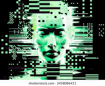 Glitched and pixelated silhouette of a 3D human head with closed eyes.