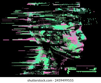Glitched and pixelated silhouette of a 3D human head on a dark background. Conceptual vector illustration about man in the age of technology. 
