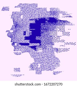 Glitched and pixelated wireframe of human head. Concept illustration of Artificial intelligence, Machine learning and Cybernetics.